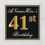 [ Thumbnail: Elegant, Black, Faux Gold 41st Birthday + Name Invitation ]