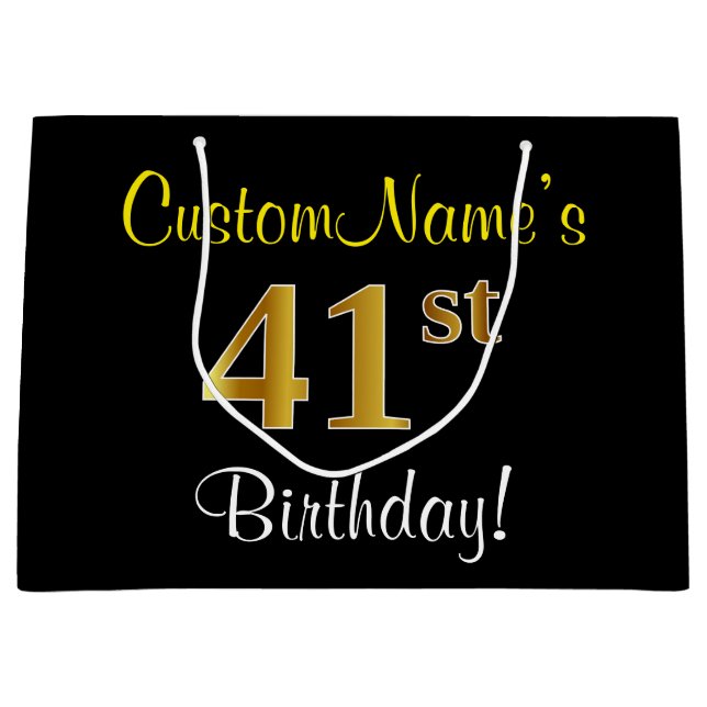 Elegant, Black, Faux Gold 41st Birthday + Name Large Gift Bag (Front)