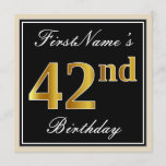 [ Thumbnail: Elegant, Black, Faux Gold 42nd Birthday + Name Invitation ]