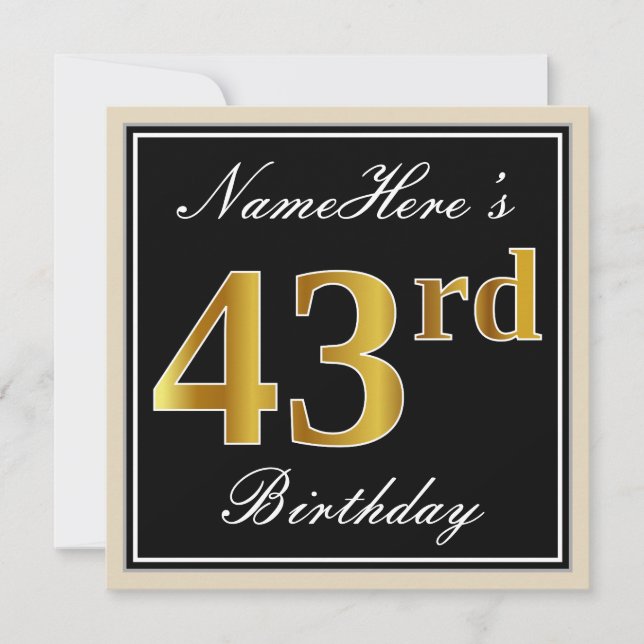 Elegant, Black, Faux Gold 43rd Birthday + Name Invitation (Front)