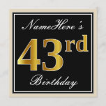 [ Thumbnail: Elegant, Black, Faux Gold 43rd Birthday + Name Invitation ]