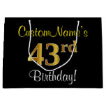 [ Thumbnail: Elegant, Black, Faux Gold 43rd Birthday + Name Gift Bag ]