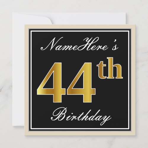 Elegant Black Faux Gold 44th Birthday  Name Invitation