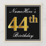 [ Thumbnail: Elegant, Black, Faux Gold 44th Birthday + Name Invitation ]