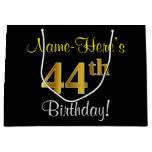 [ Thumbnail: Elegant, Black, Faux Gold 44th Birthday + Name Gift Bag ]