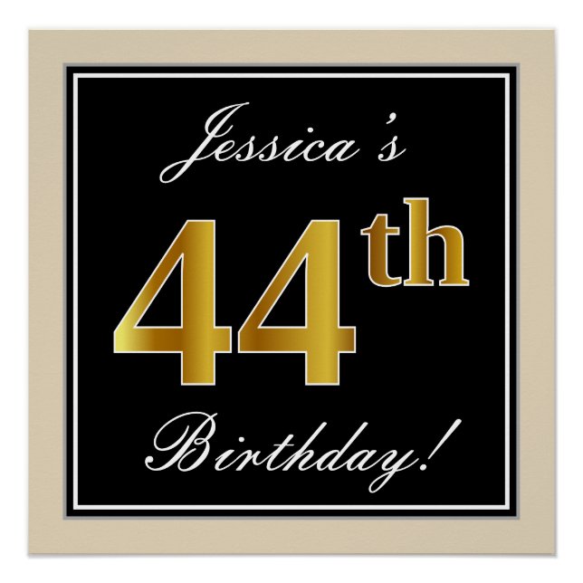 Elegant, Black, Faux Gold 44th Birthday + Name Poster (Front)