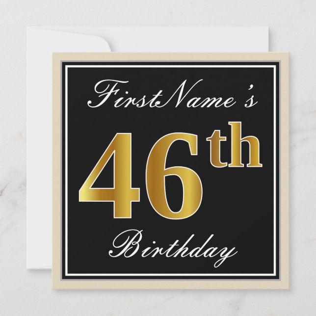 Elegant, Black, Faux Gold 46th Birthday + Name Invitation (Front)