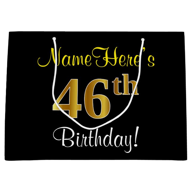 Elegant, Black, Faux Gold 46th Birthday + Name Large Gift Bag (Front)