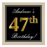 [ Thumbnail: Elegant, Black, Faux Gold 47th Birthday + Name Poster ]