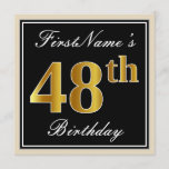[ Thumbnail: Elegant, Black, Faux Gold 48th Birthday + Name Invitation ]