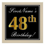 [ Thumbnail: Elegant, Black, Faux Gold 48th Birthday + Name Poster ]