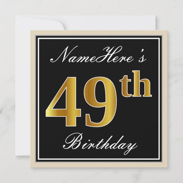 Elegant, Black, Faux Gold 49th Birthday + Name Invitation (Front)