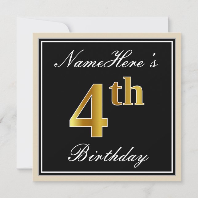Elegant, Black, Faux Gold 4th Birthday + Name Invitation (Front)