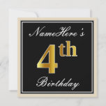 [ Thumbnail: Elegant, Black, Faux Gold 4th Birthday + Name Invitation ]