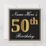 [ Thumbnail: Elegant, Black, Faux Gold 50th Birthday + Name Invitation ]
