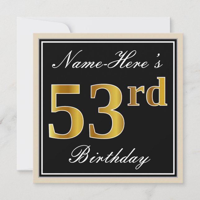 Elegant, Black, Faux Gold 53rd Birthday + Name Invitation (Front)