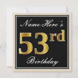[ Thumbnail: Elegant, Black, Faux Gold 53rd Birthday + Name Invitation ]