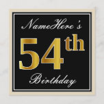 [ Thumbnail: Elegant, Black, Faux Gold 54th Birthday + Name Invitation ]