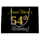 [ Thumbnail: Elegant, Black, Faux Gold 54th Birthday + Name Gift Bag ]