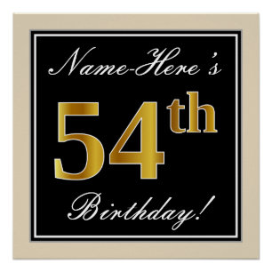 Elegant, Black, Faux Gold 54th Birthday + Name Poster
