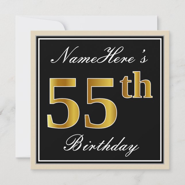 Elegant, Black, Faux Gold 55th Birthday + Name Invitation (Front)