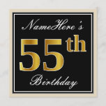 [ Thumbnail: Elegant, Black, Faux Gold 55th Birthday + Name Invitation ]