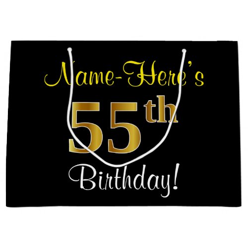 Elegant Black Faux Gold 55th Birthday  Name Large Gift Bag