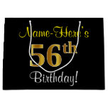 [ Thumbnail: Elegant, Black, Faux Gold 56th Birthday + Name Gift Bag ]
