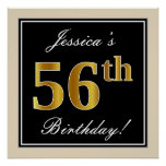 [ Thumbnail: Elegant, Black, Faux Gold 56th Birthday + Name Poster ]