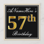 [ Thumbnail: Elegant, Black, Faux Gold 57th Birthday + Name Invitation ]