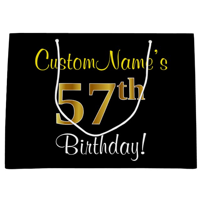 Elegant, Black, Faux Gold 57th Birthday + Name Large Gift Bag (Front)