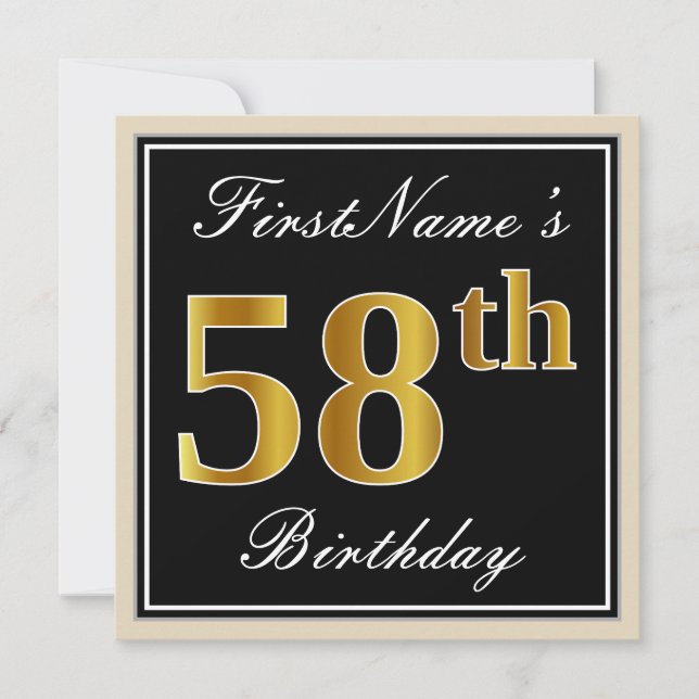 Elegant, Black, Faux Gold 58th Birthday + Name Invitation (Front)