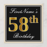 [ Thumbnail: Elegant, Black, Faux Gold 58th Birthday + Name Invitation ]