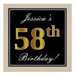 [ Thumbnail: Elegant, Black, Faux Gold 58th Birthday + Name Poster ]