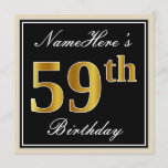 [ Thumbnail: Elegant, Black, Faux Gold 59th Birthday + Name Invitation ]
