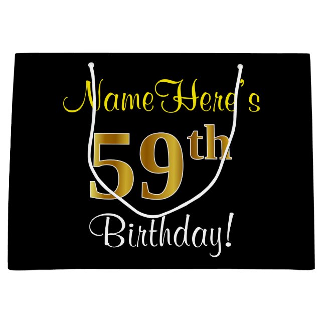 Elegant, Black, Faux Gold 59th Birthday + Name Large Gift Bag (Front)