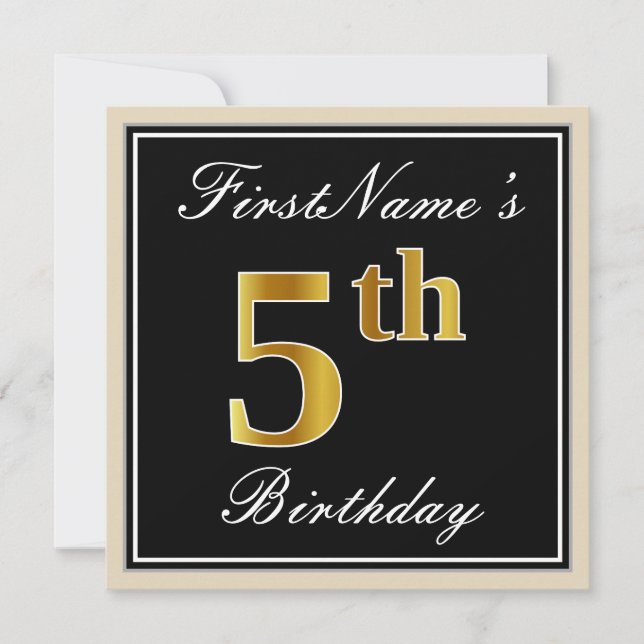 Elegant, Black, Faux Gold 5th Birthday + Name Invitation (Front)