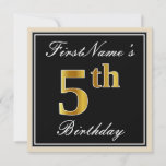 [ Thumbnail: Elegant, Black, Faux Gold 5th Birthday + Name Invitation ]