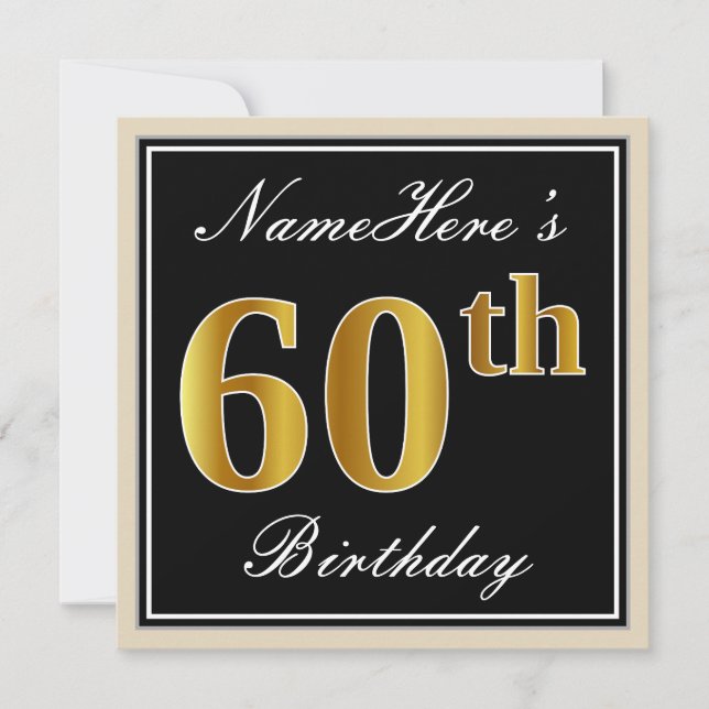 Elegant, Black, Faux Gold 60th Birthday + Name Invitation (Front)