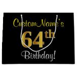 [ Thumbnail: Elegant, Black, Faux Gold 64th Birthday + Name Gift Bag ]