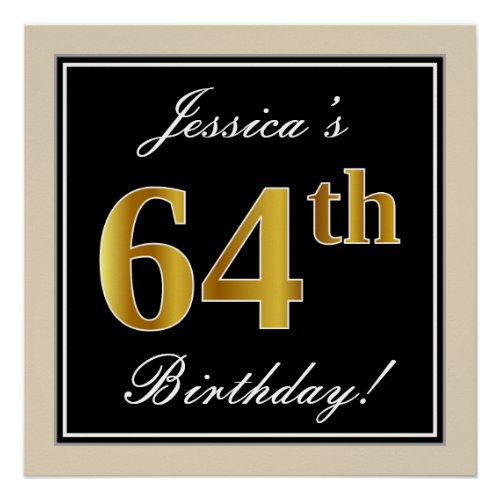 Elegant Black Faux Gold 64th Birthday  Name Poster