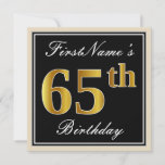[ Thumbnail: Elegant, Black, Faux Gold 65th Birthday + Name Invitation ]