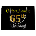[ Thumbnail: Elegant, Black, Faux Gold 65th Birthday + Name Gift Bag ]