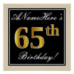 [ Thumbnail: Elegant, Black, Faux Gold 65th Birthday + Name Poster ]