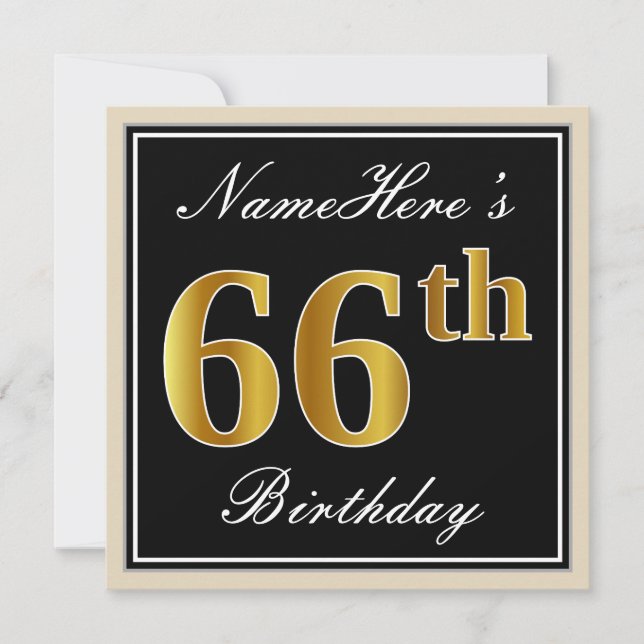 Elegant, Black, Faux Gold 66th Birthday + Name Invitation (Front)