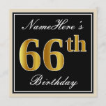 [ Thumbnail: Elegant, Black, Faux Gold 66th Birthday + Name Invitation ]