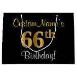 [ Thumbnail: Elegant, Black, Faux Gold 66th Birthday + Name Gift Bag ]