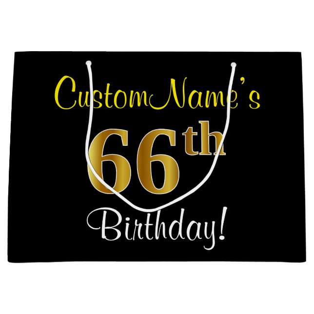 Elegant, Black, Faux Gold 66th Birthday + Name Large Gift Bag (Front)