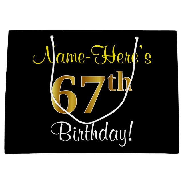 Elegant, Black, Faux Gold 67th Birthday + Name Large Gift Bag (Front)