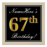 [ Thumbnail: Elegant, Black, Faux Gold 67th Birthday + Name Poster ]